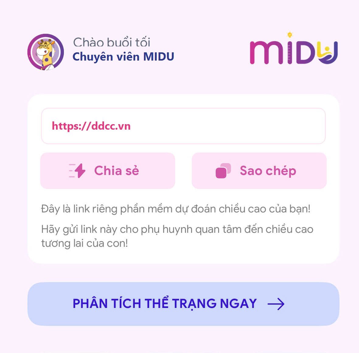 Giao diện phần mềm Dự đoán Chiều cao của MIDU trên điện thoại, với nút Phân tích thể trạng